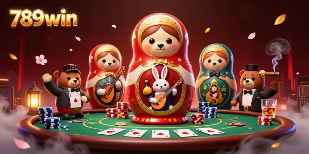 Experience 789win's thrilling casino atmosphere with cartoonish characters and vibrant game elements.