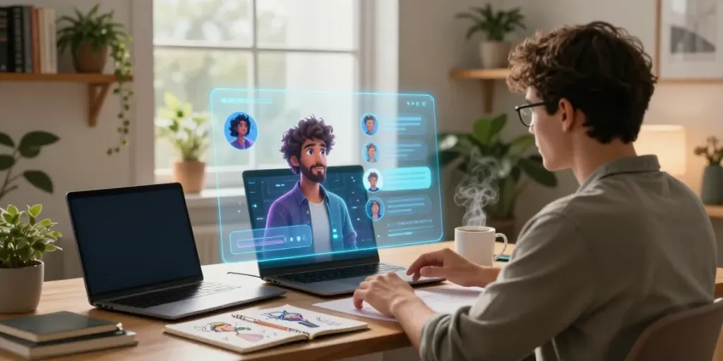 Immersive AI character chat environment at https://companion.crushon.ai/ showcasing user interaction with animated avatars and a cozy study.