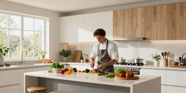 Beautiful custom kitchens showcasing bucatarii la comanda with modern design and a chef preparing a fresh meal.