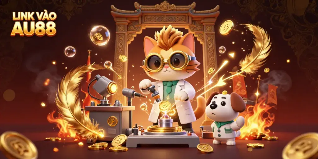 Experience the thrill of gambling with LINK VÀO AU88 amidst a vibrant 3D casino scene.