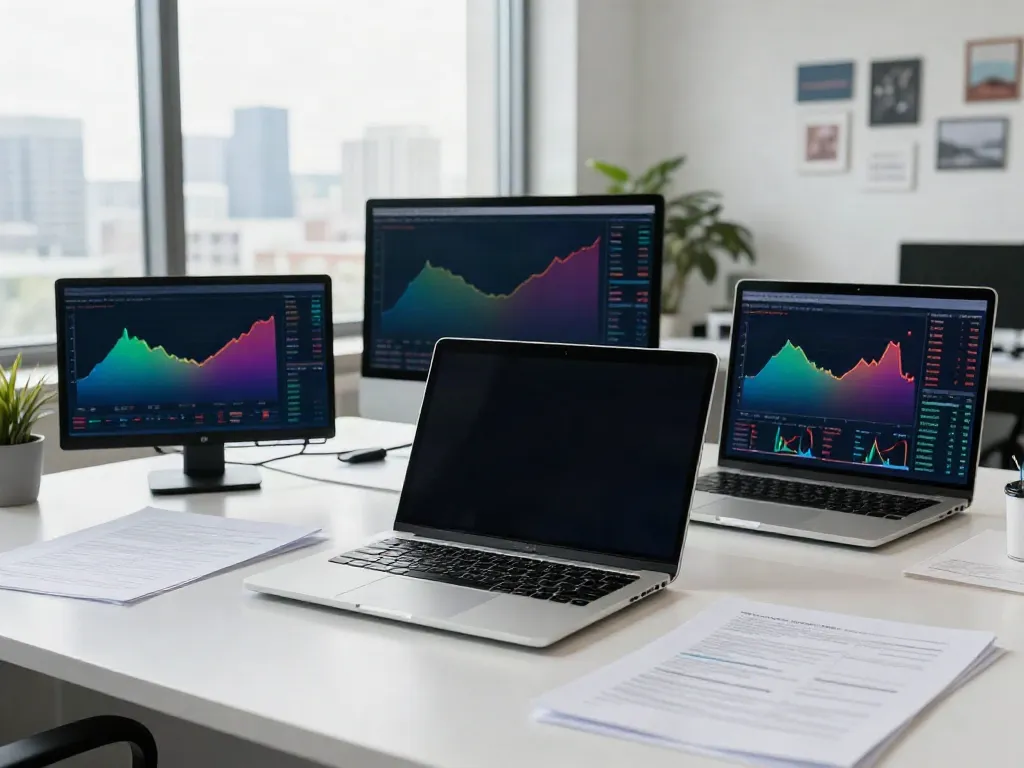 Focused financial analyst at desk reviewing charts and data on FintechZoom.com.