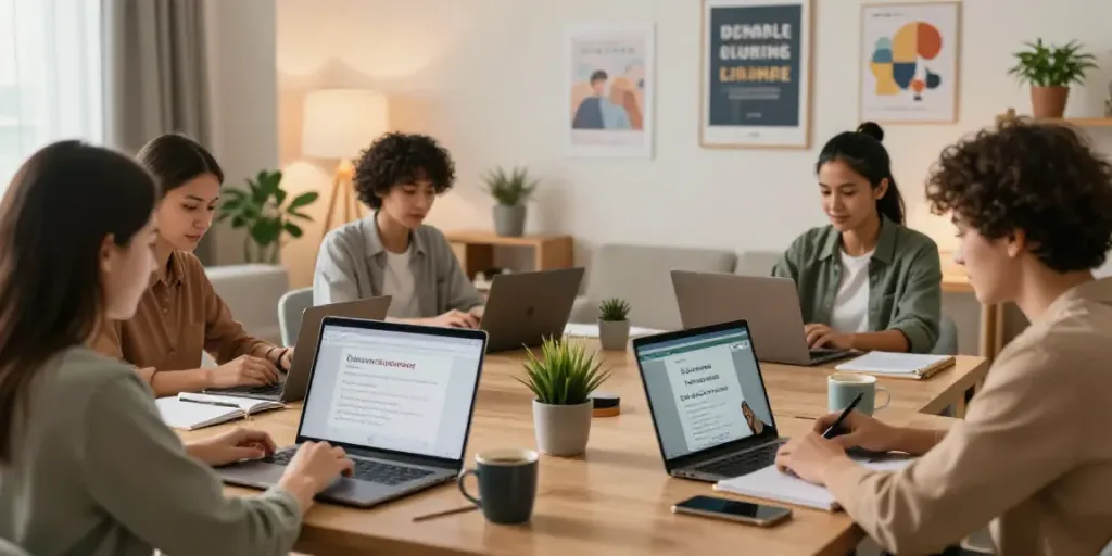 Engaged learners in a cozy home setting participating in an online English course with laptops, notebooks, and coffee.