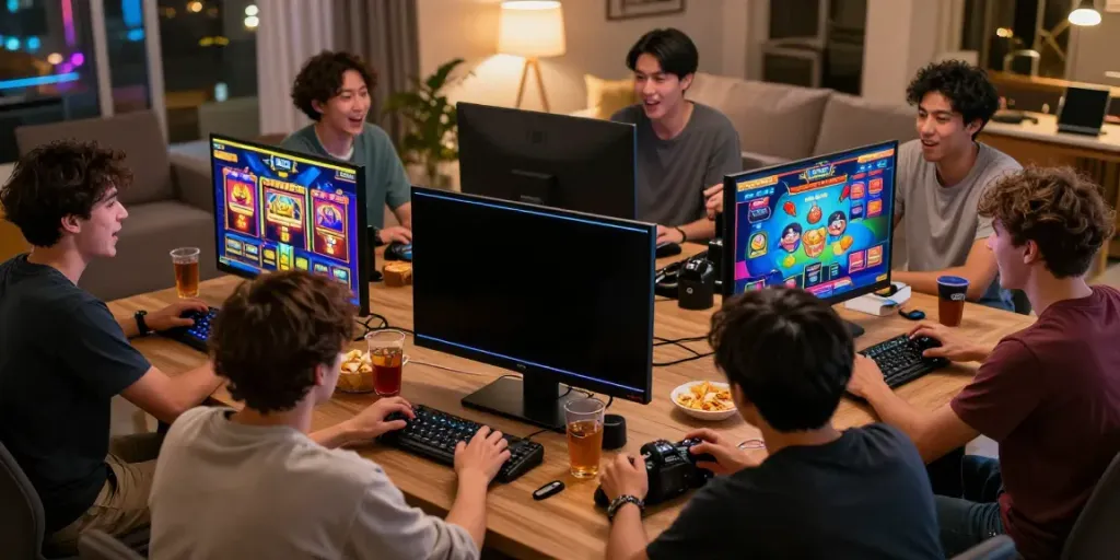 Kelompok teman bermain slot online di ruang tamu, permainan oyot288 resmi terlihat di layar