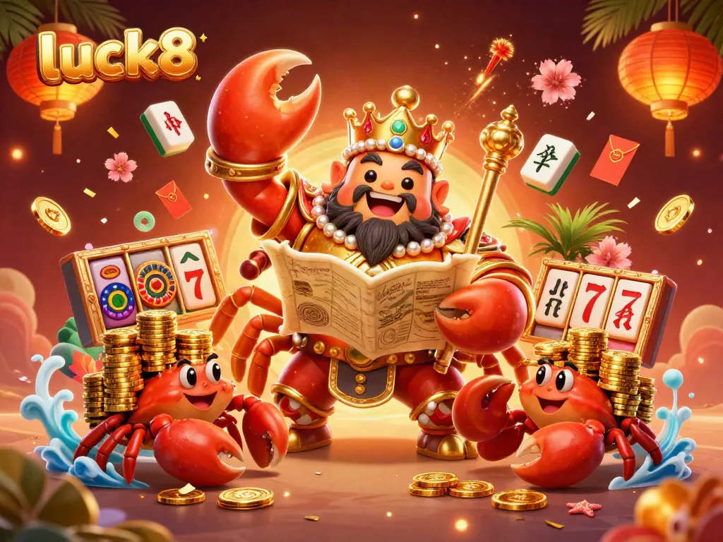 Immerse in luck8's vibrant casino scene featuring a golden crab emperor with slot symbols.