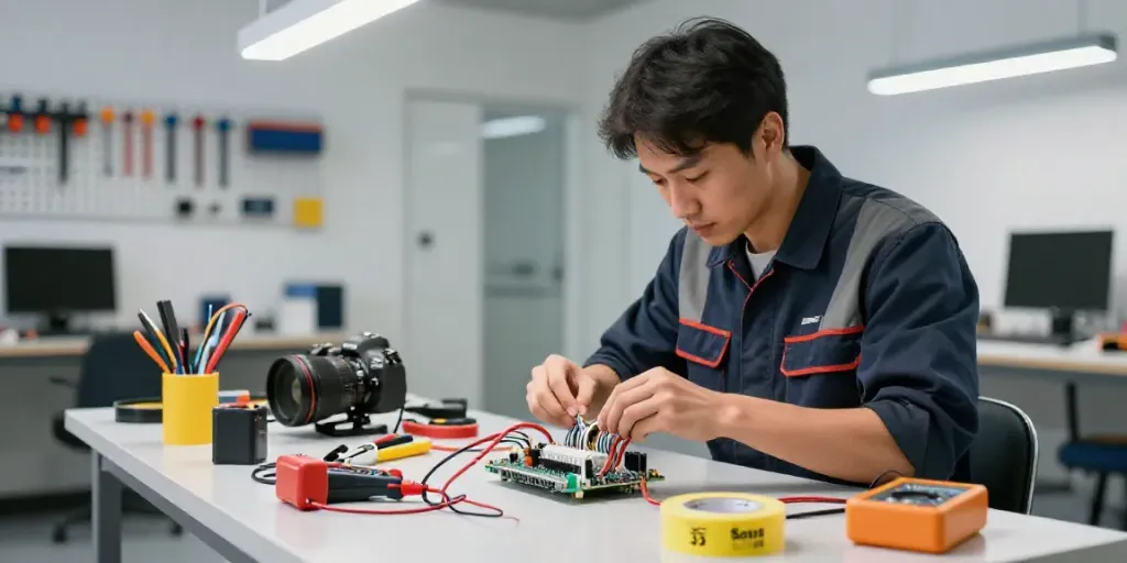 Technician using Super33 Daftar electrical tape in a professional workspace.