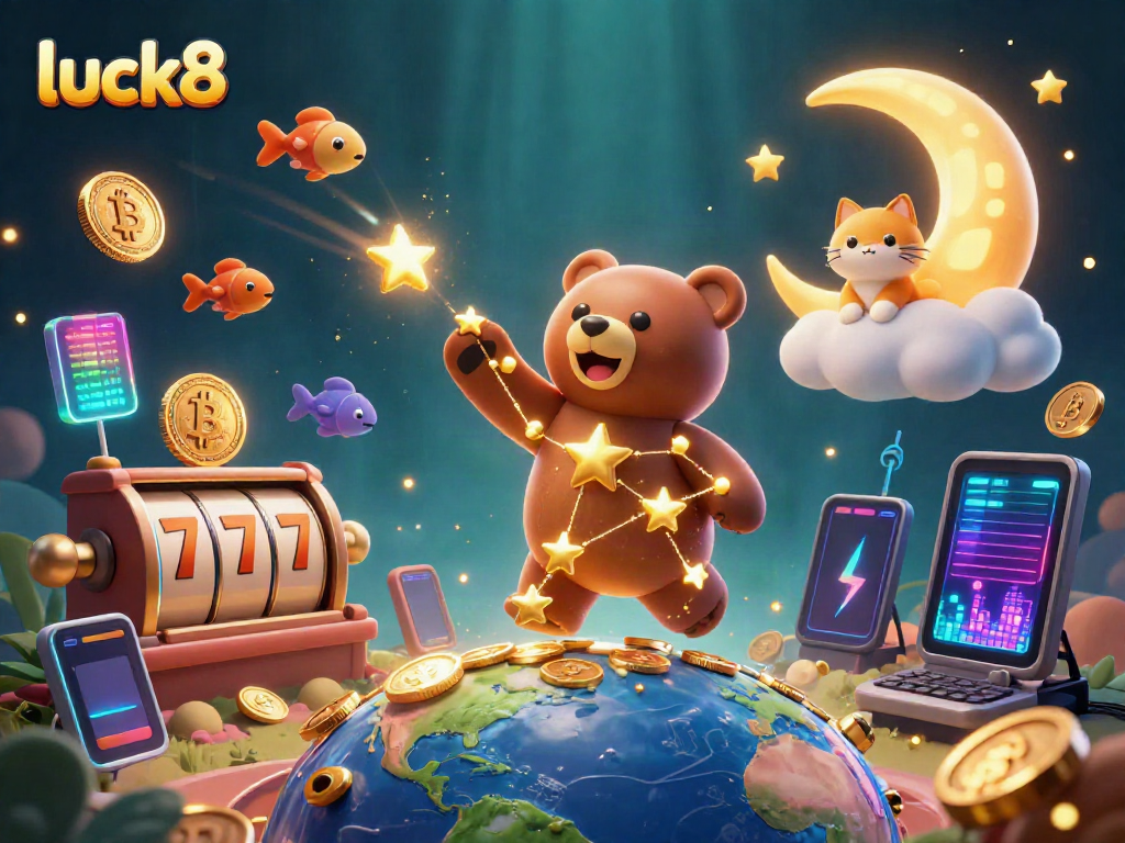 Experience jackpots with luck8's vibrant online casino environment, featuring cosmic-themed 3D illustrations and dynamic gaming elements.