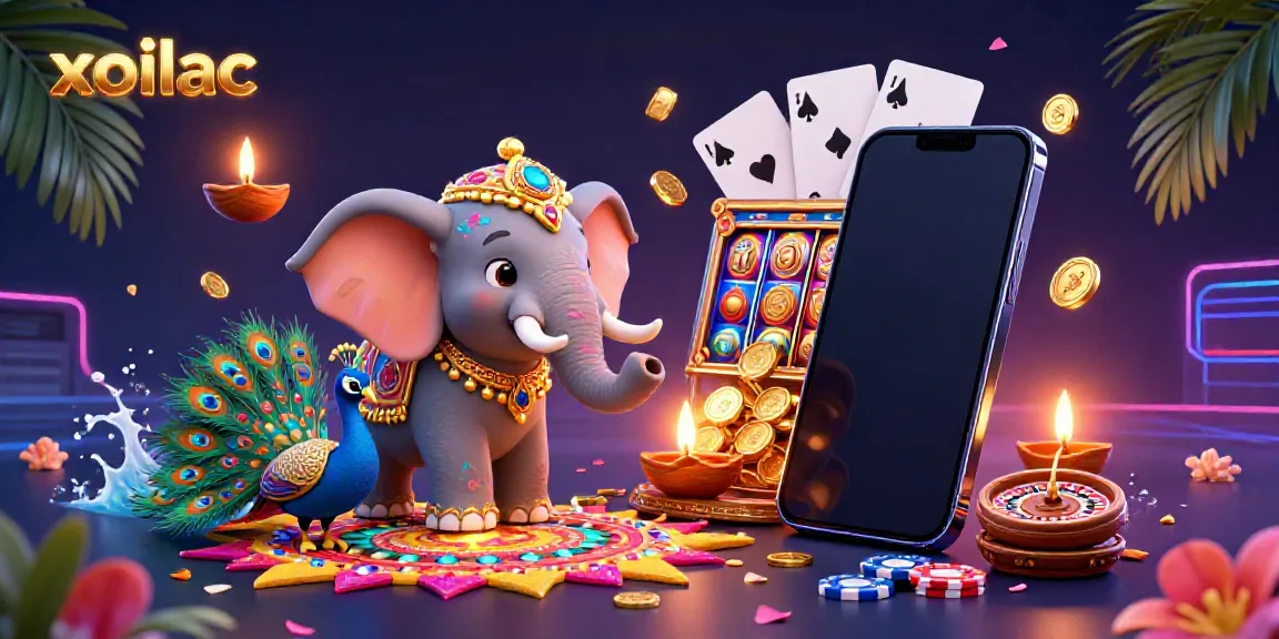 Play xoilac-inspired slot games with vibrant elephant and peacock amidst festive decorations.