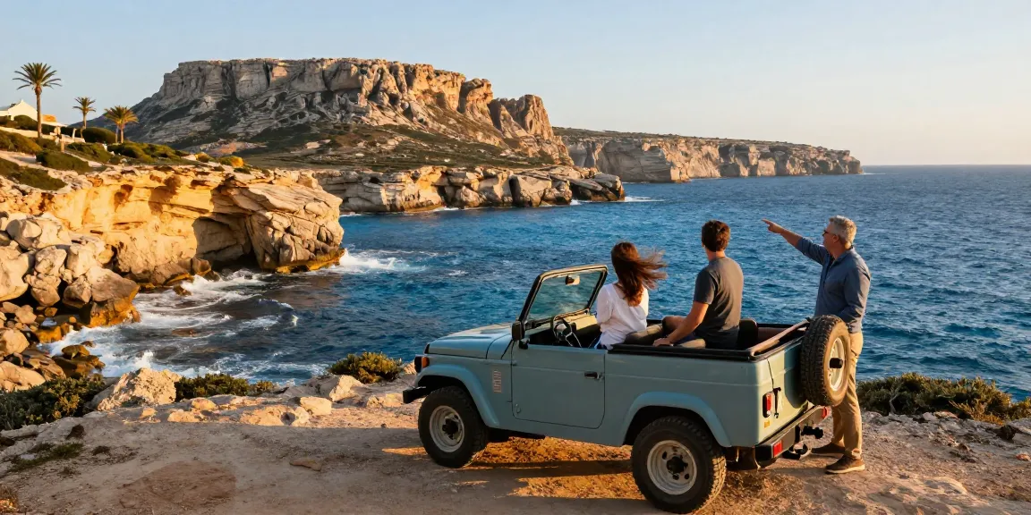 Gozo jeep tour with travelers enjoying breathtaking coastal views in Malta.
