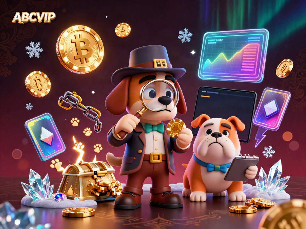Engaging 3D detective scene with ABCVIP showcasing Bitcoin and Ethereum gaming elements