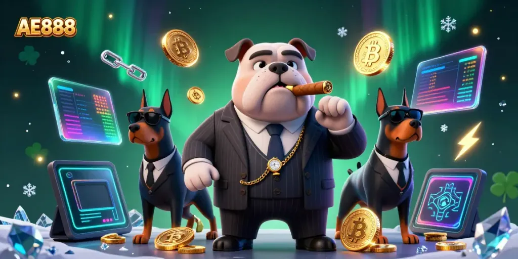 Experience AE888's vibrant online casino atmosphere featuring a mafia boss, bodyguards, and cryptocurrency elements.