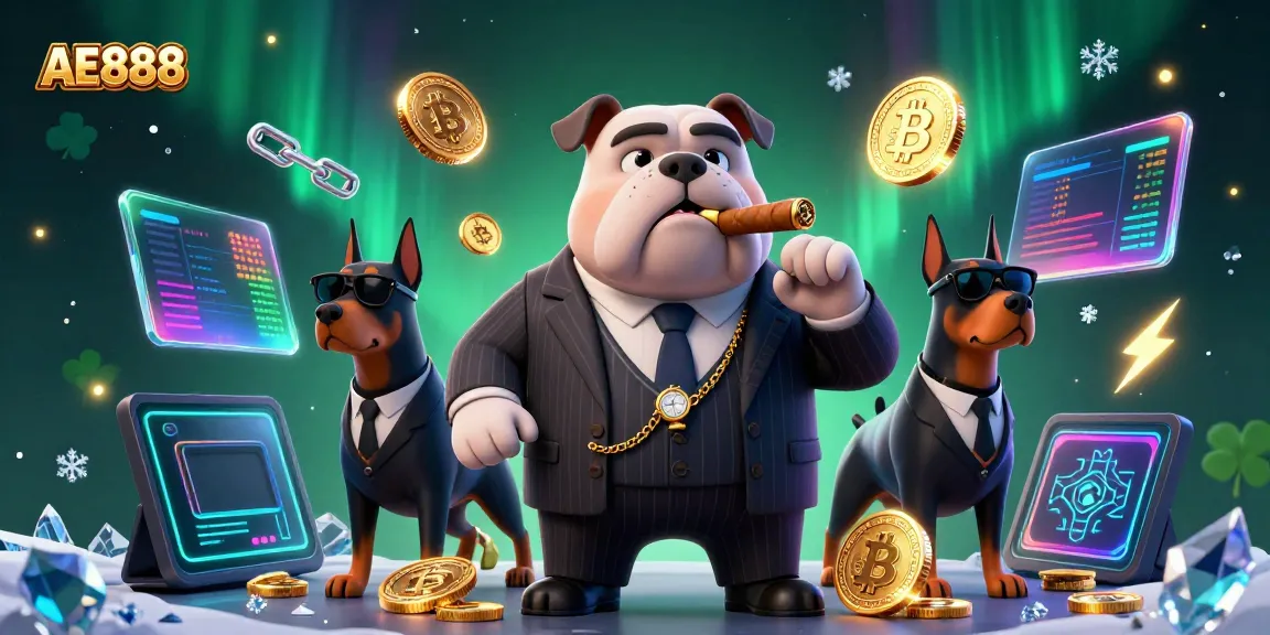 Experience AE888's vibrant online casino atmosphere featuring a mafia boss, bodyguards, and cryptocurrency elements.