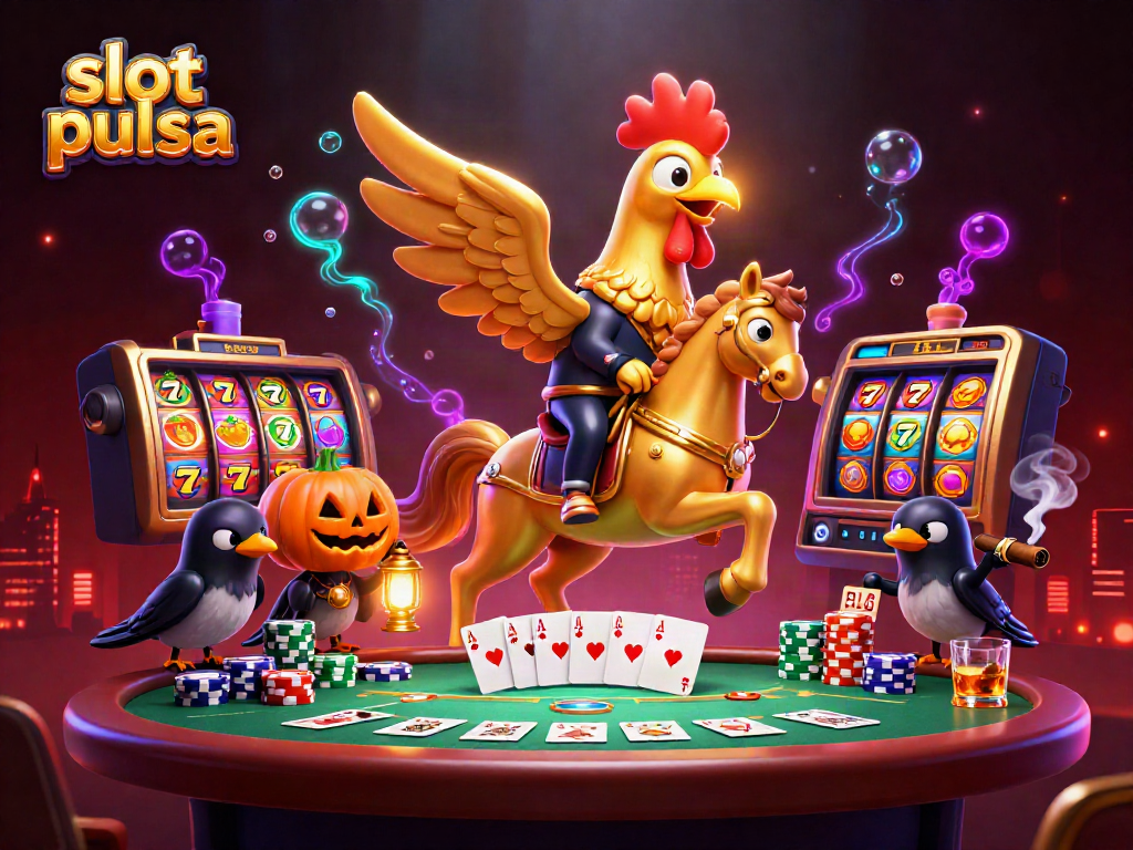 Slot pulsa: ilustrasi kasino menghantui dengan simbol keberuntungan dan kasino yang hidup.