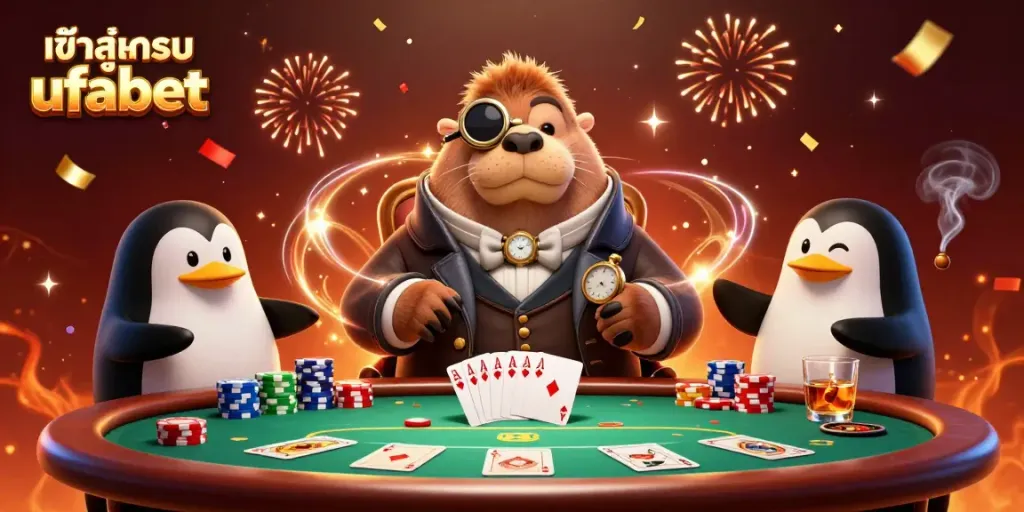 Engaging 3D scene of entering เข้าสู่ระบบ ufabet with vibrant casino characters and dynamic elements.