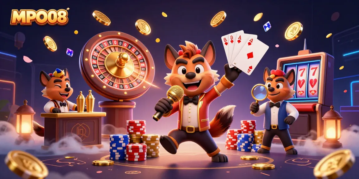MPO08 brings excitement with hyenas in a vibrant casino scene featuring card games and golden elements.