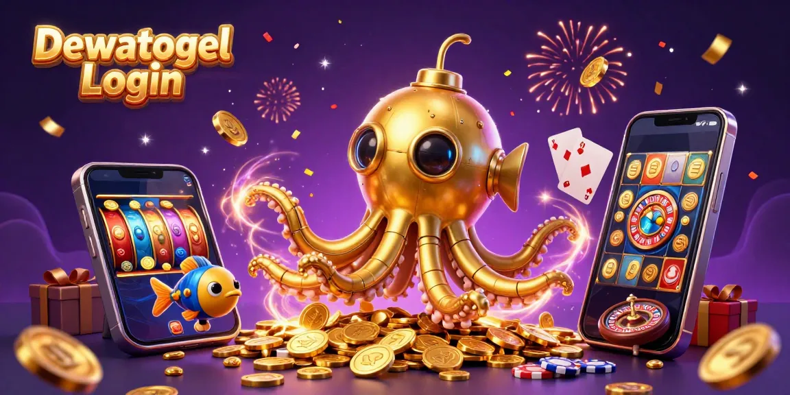 Dewatogel Login showcases a vibrant scene of winning with an animated kraken submarine and slot game elements.