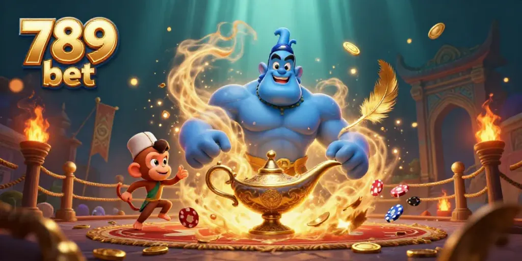 Join the action with 789 bet as a powerful genie, monkey, and magic carpet soar in this vibrant casino scene.