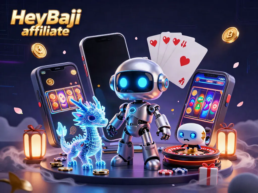 Engage with the HeyBaji affiliate program, showcasing a vibrant 3D casino atmosphere with futuristic characters and games.