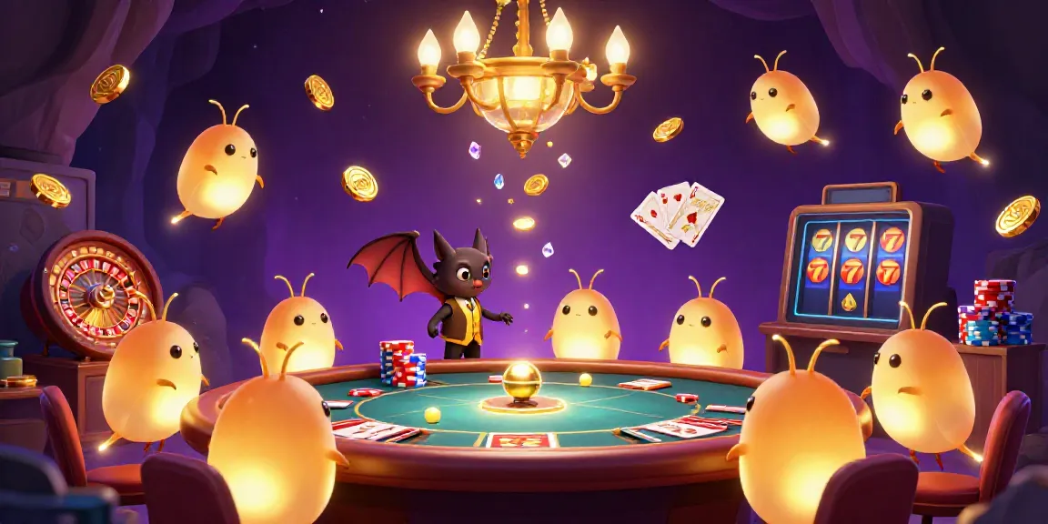 ZBET glowworms illuminate a vibrant casino scene featuring roulette, cards, and sparkling gems.