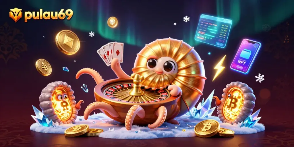 Experience pulau69 with an ancient nautilus as a roulette wheel surrounded by crypto-themed gaming elements.