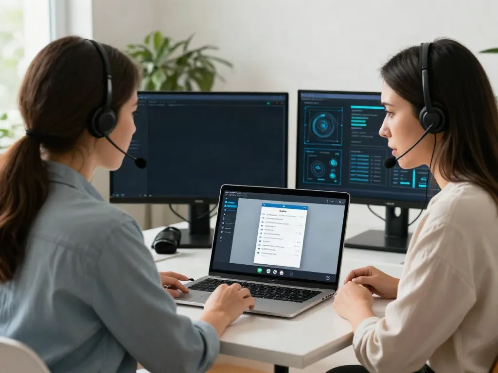 Deepfake protected online video calls focus on a professional woman engaged in a secure video call in a modern office.