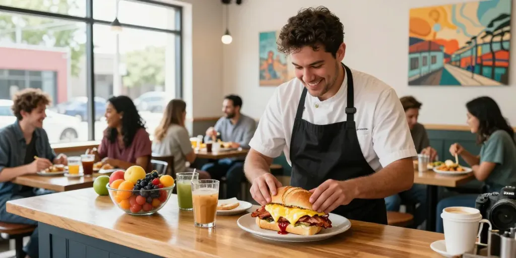 Enjoy the best breakfast in Austin with NYC-inspired sandwiches and vibrant café atmosphere.