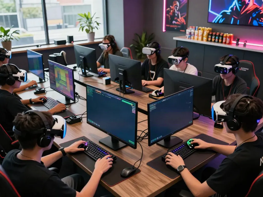 Exciting gaming community around a screen showcasing ahha4d platform.