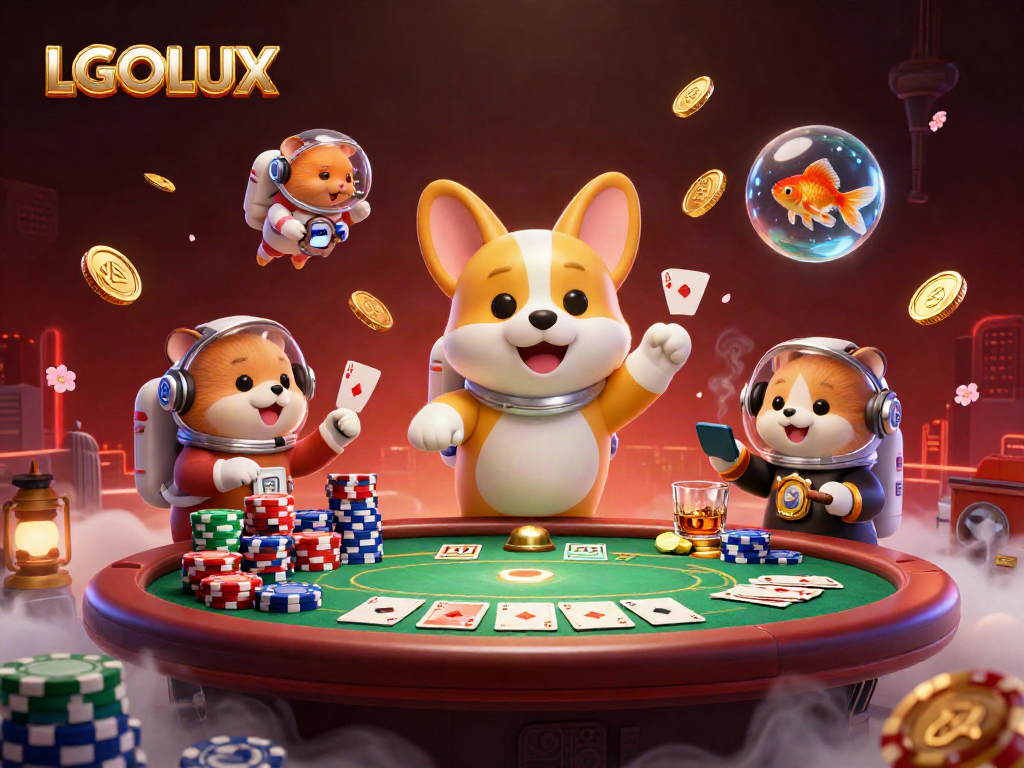 Experience LGOLUX with a 3D astronaut corgi in a vibrant casino scene, floating poker chips enhancing gameplay.