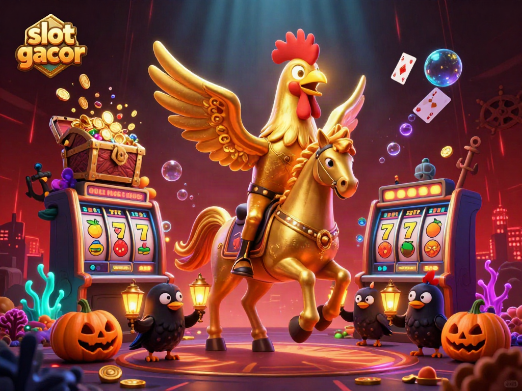 Experience thrilling slot gacor adventures with this vibrant casino scene featuring animated characters and radiant treasures.