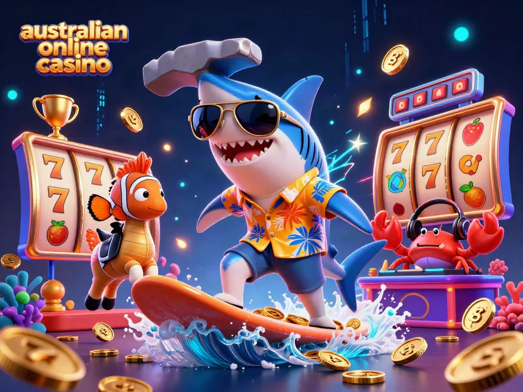 Experience the thrill of an australian online casino with fun characters and vibrant elements in a dynamic scene.