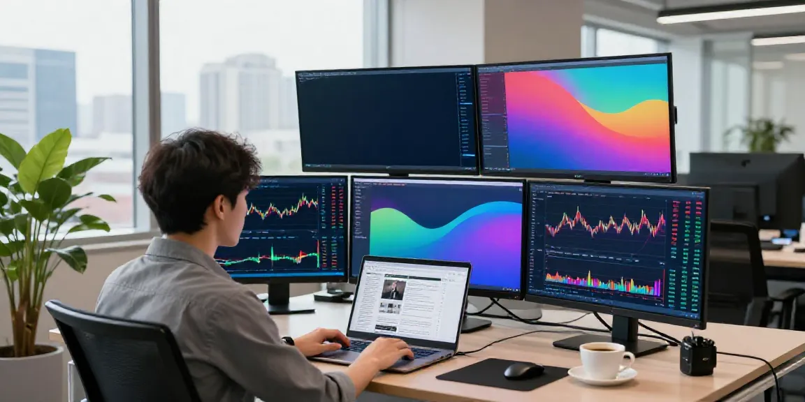 Professional trader analyzing tradingview官网 data on multiple monitors within a modern office setup.