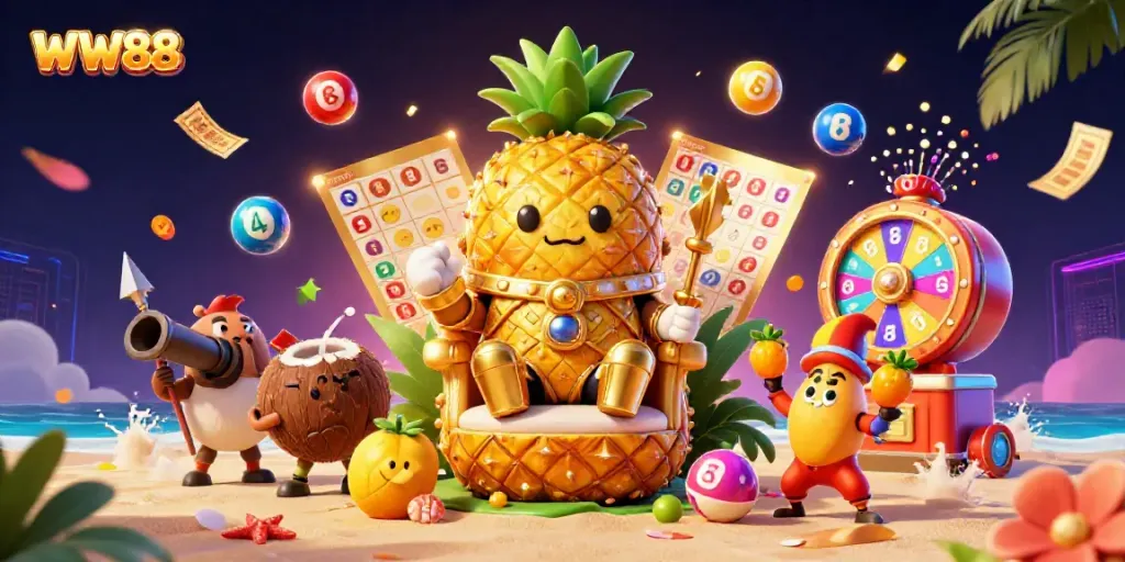 Engage with WW88 at a vibrant casino scene featuring a golden pineapple king and playful elements.