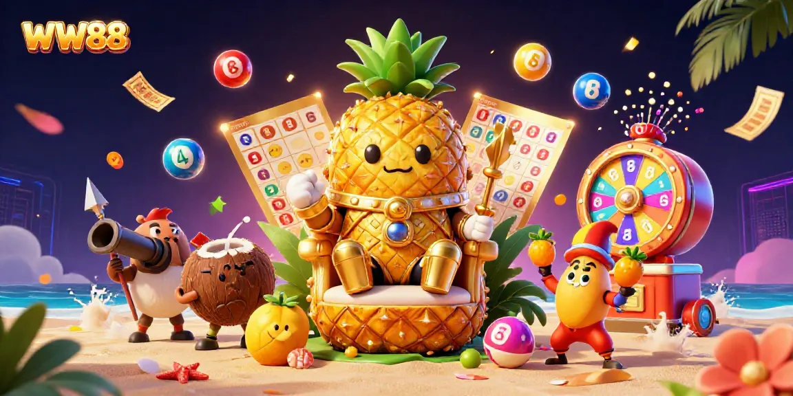 Engage with WW88 at a vibrant casino scene featuring a golden pineapple king and playful elements.
