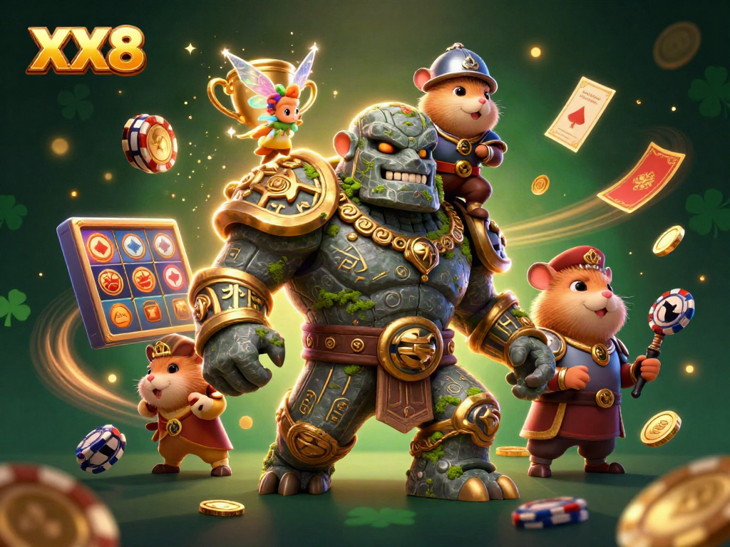 Engaging XX8 casino illustration featuring golem, fairy, and hamster knight celebrating jackpot wins.