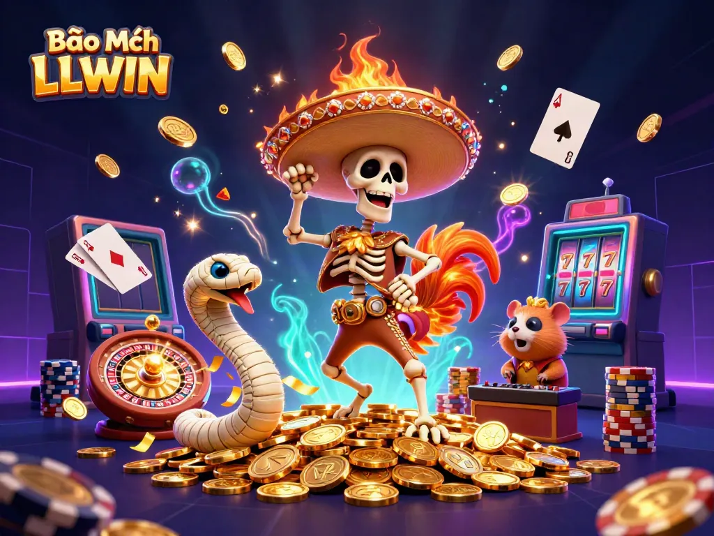 Bảo Mật LLWIN is showcased in a festive 3D scene with a mariachi rooster and golden coins.