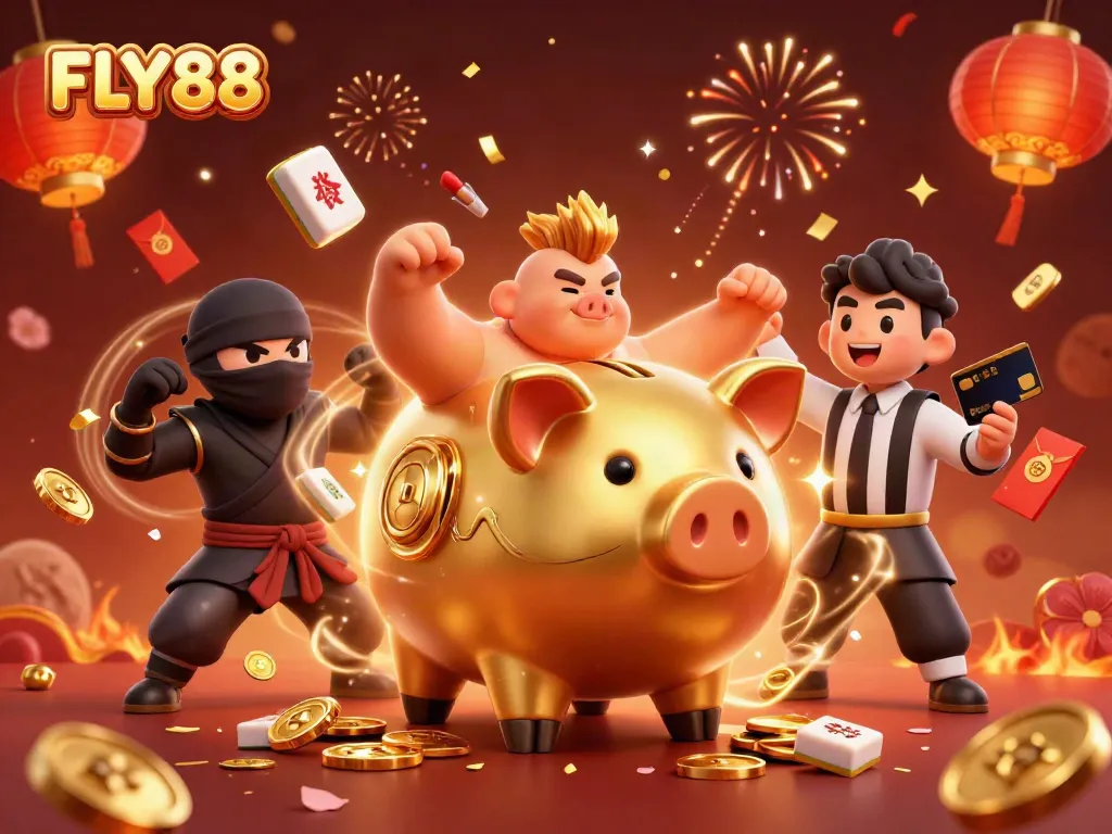 Experience thrilling moments with FLY88 as golden coins cascade from a piggy bank sumo wrestler in this vibrant casino scene.