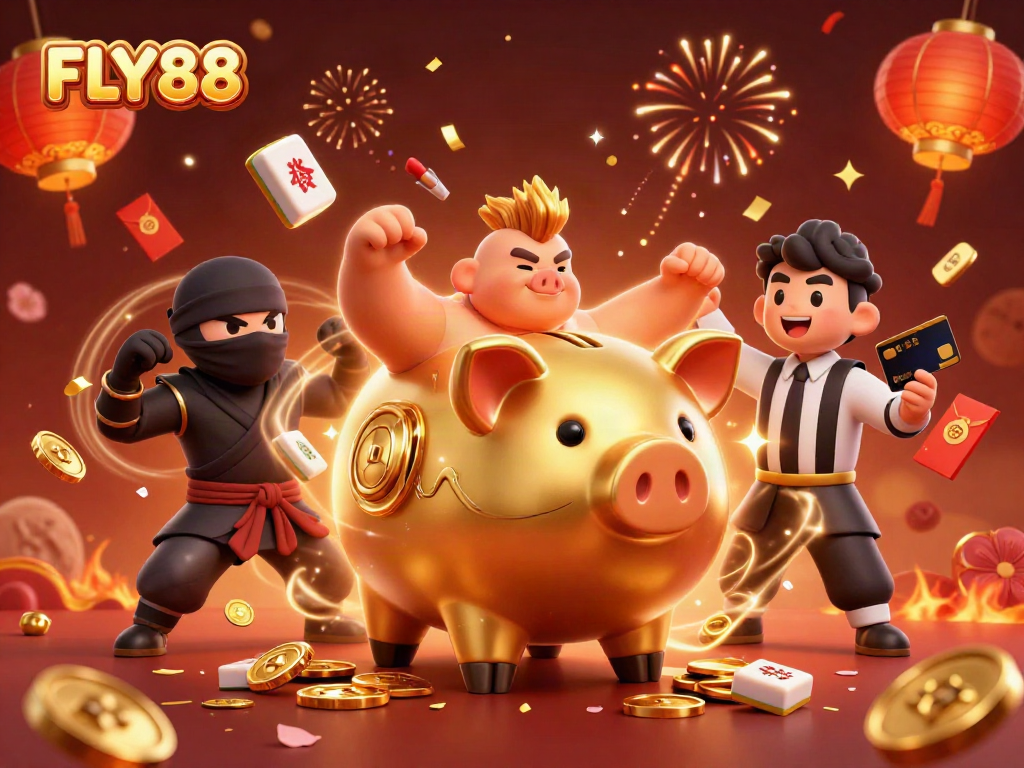 Experience thrilling moments with FLY88 as golden coins cascade from a piggy bank sumo wrestler in this vibrant casino scene.