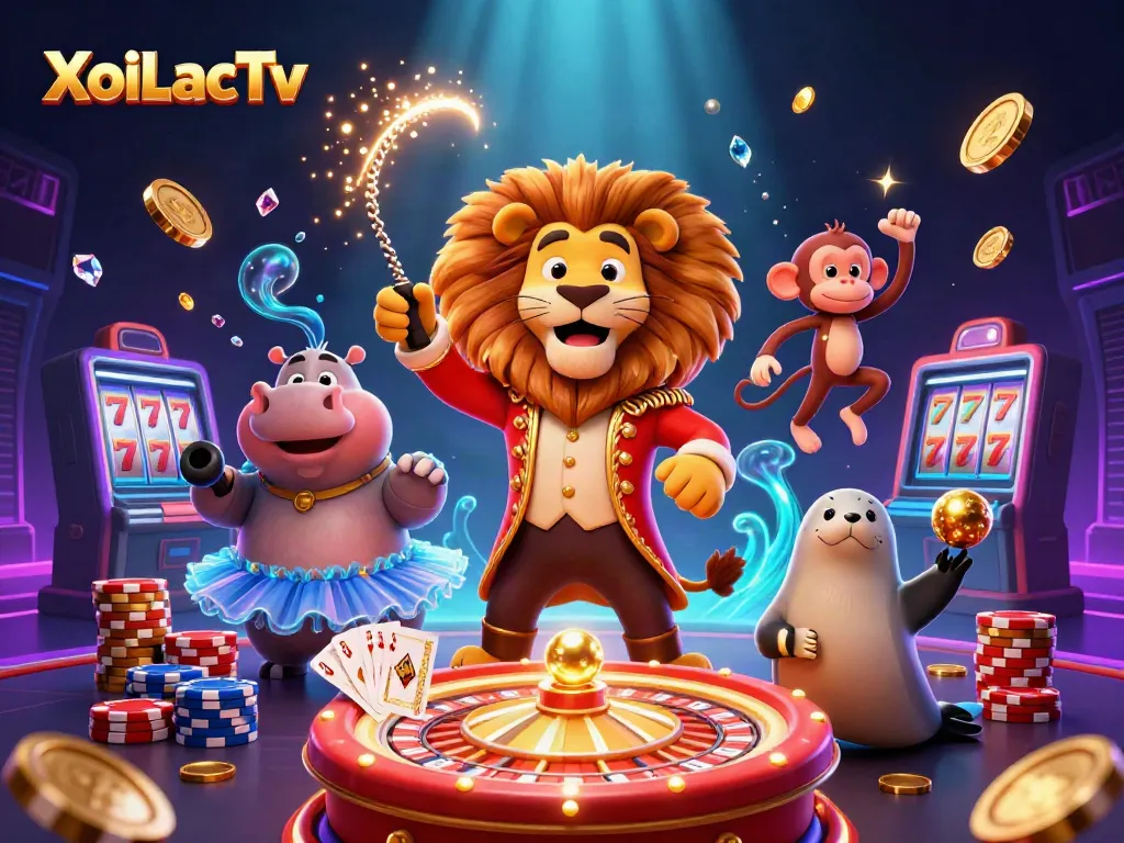 XoiLacTv features a vibrant circus scene with engaging gambling elements, showcasing a lion, hippo, monkey, and seal amid coins and poker chips.