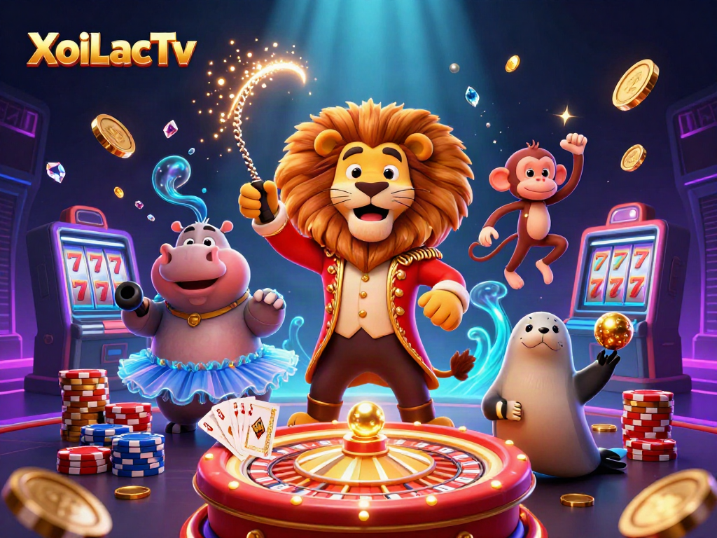 XoiLacTv features a vibrant circus scene with engaging gambling elements, showcasing a lion, hippo, monkey, and seal amid coins and poker chips.