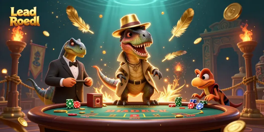 Lead Roedl's thrilling casino scene with a velociraptor card counter amid dynamic gambling elements.