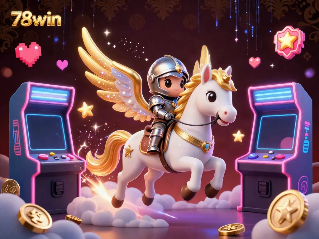 Experience 78win's immersive gaming world with a celestial horse, vibrant arcade machines, and dynamic game elements.