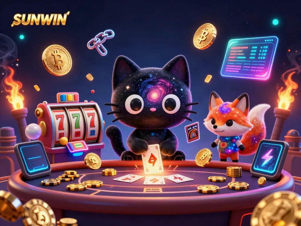 Win big at SUNWIN's cosmic casino with a black hole cat and nebula fox amid vibrant gaming elements.