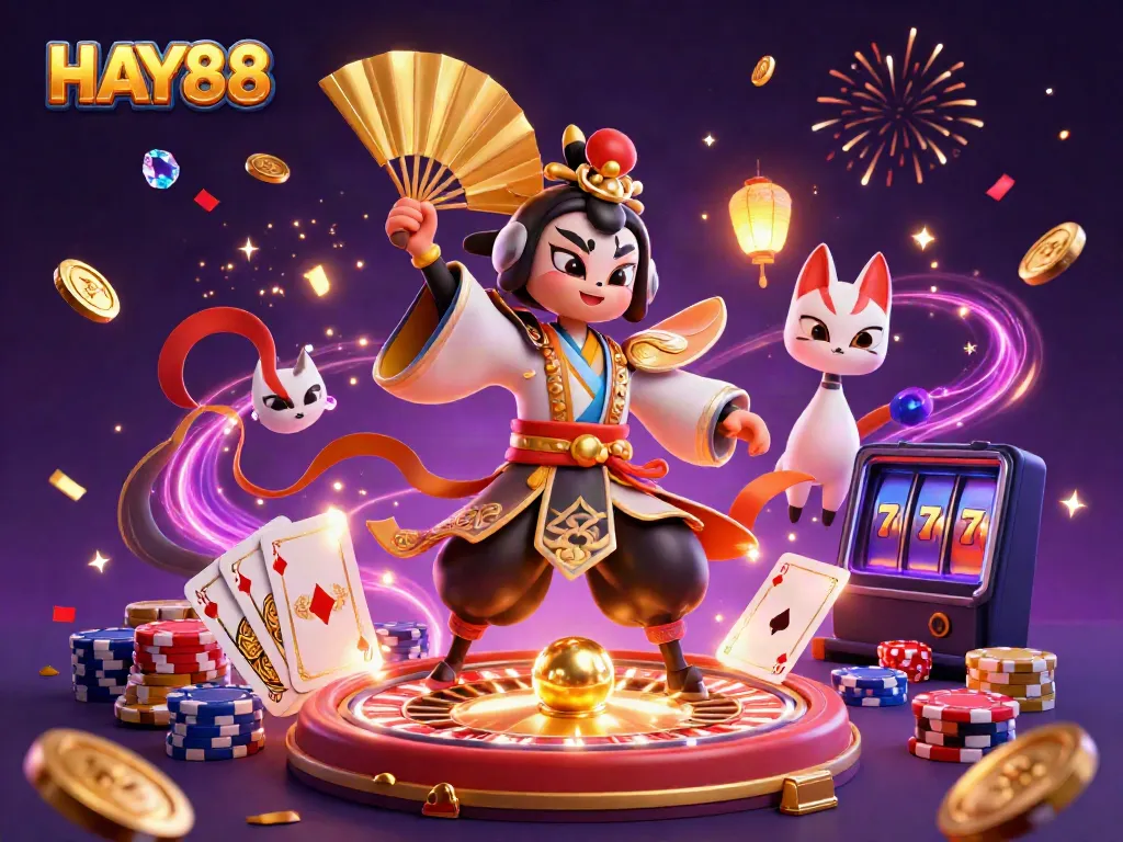 Win big at HAY88 with this vibrant scene featuring kabuki and colorful casino elements.