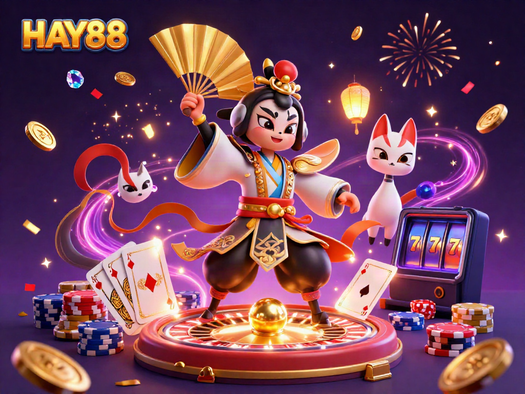Win big at HAY88 with this vibrant scene featuring kabuki and colorful casino elements.