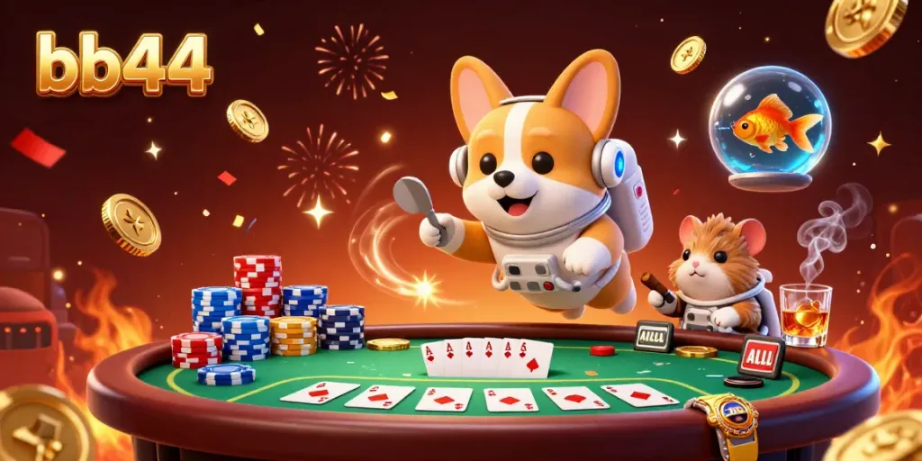 bb44 showcases a vibrant and playful space casino scene featuring a floating corgi, hamster, and goldfish.