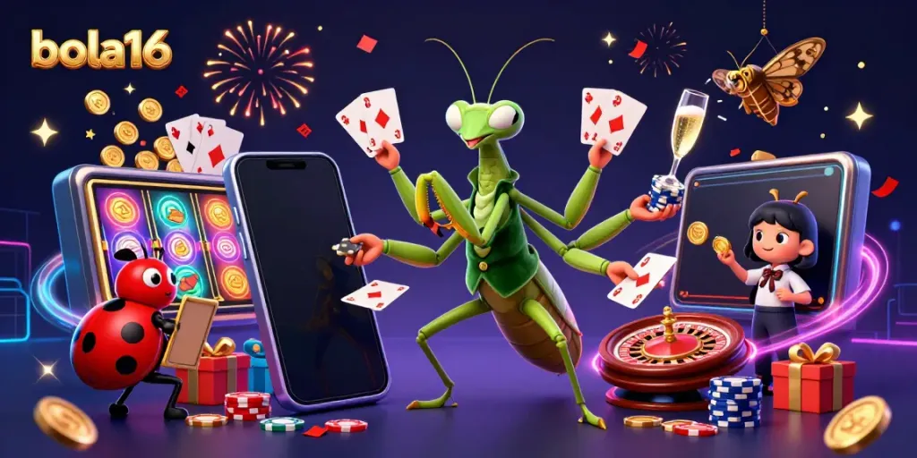 Experience exciting casino gameplay at bola16 with a vibrant 3D cartoon illustration of a giant praying mantis and ladybug.
