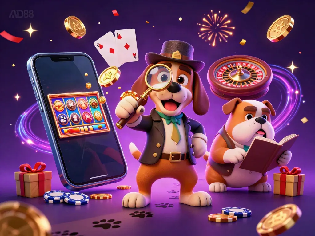 Experience exciting poker action with AD88 in a vibrant casino-themed scene featuring cartoon characters and gaming elements.
