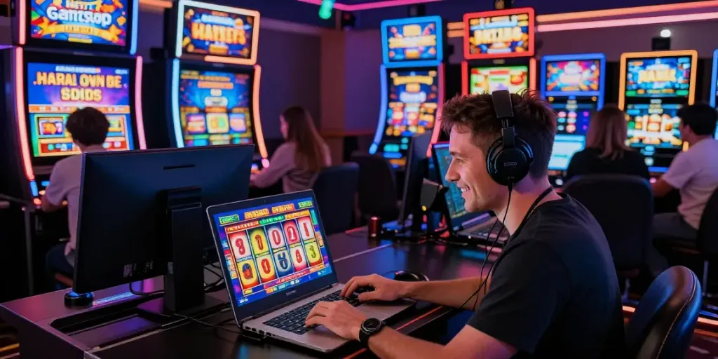 Exciting scene of players enjoying games at casinos not on GamStop, showcasing vibrant graphics and welcoming atmosphere.