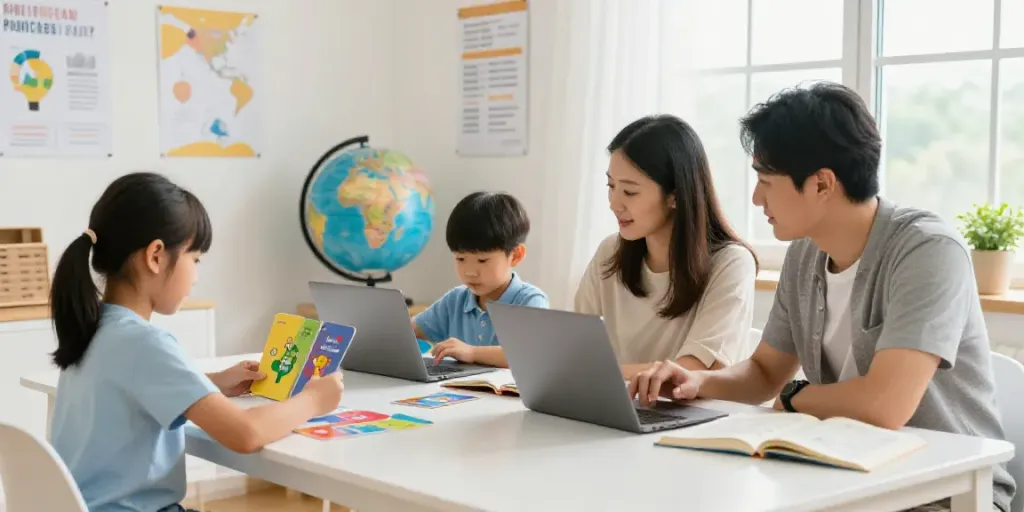 Toto language learning family engaging with interactive materials at home.