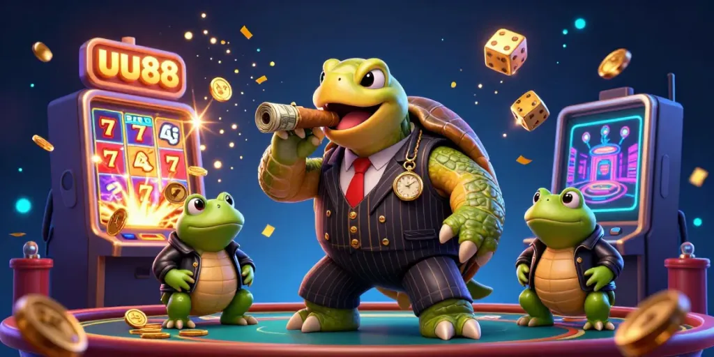 Experience thrilling jackpot action with uu88’s cartoon turtle and bullfrogs in a dazzling casino scene.