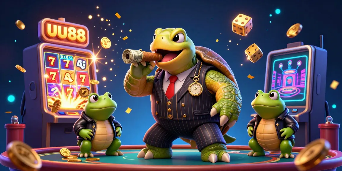 Experience thrilling jackpot action with uu88’s cartoon turtle and bullfrogs in a dazzling casino scene.